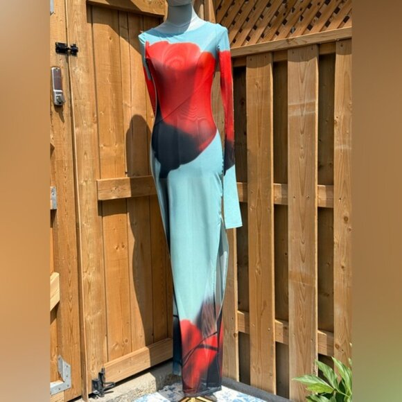 🆕 RAT & BOA 🧿 NWOT Santino Sheer Long Sleeve Dress, Blue with Red Tulip Sz XXS - Picture 4 of 16